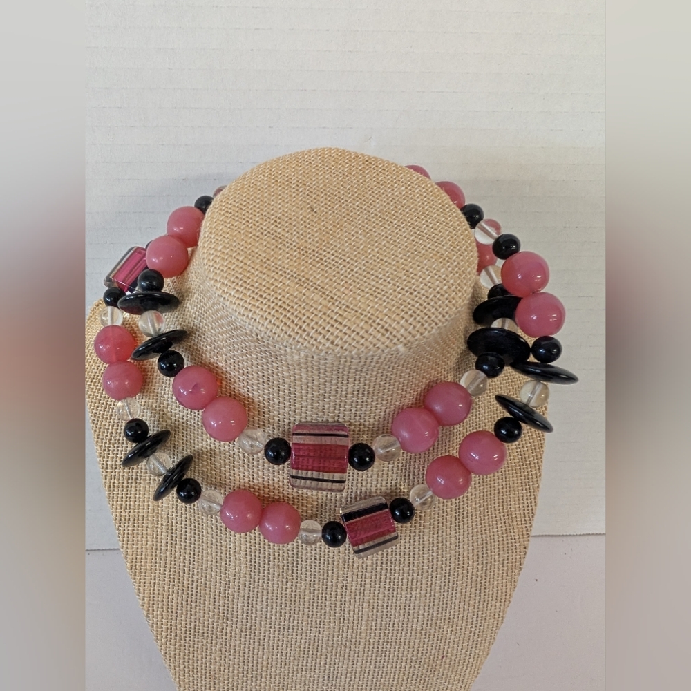 Vintage Necklace 1985 Pink Black Glass Beads
